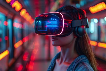 Woman in neon-lit city, wearing VR headset, glowing display, red and blue hues. AI generative.