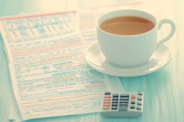 Tea and Papers on a Table with Calculator