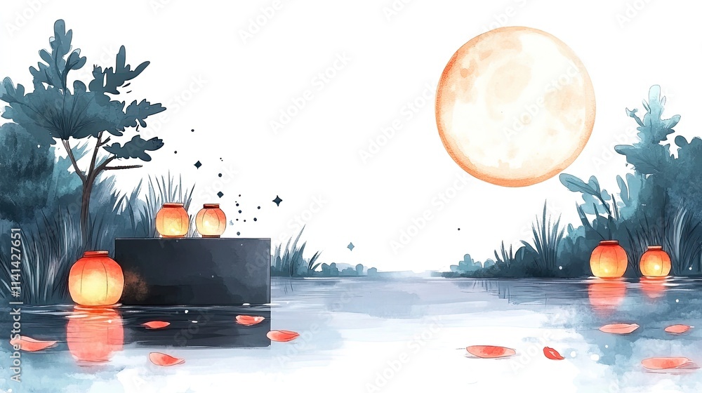 Poster a tranquil scene of a full moon rising over a lake with floating lanterns and petals.