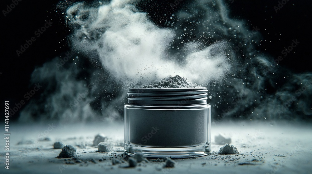Poster visually captivating composition showcasing a translucent loose powder container with enchanting swi