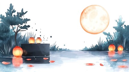 A tranquil scene of a full moon rising over a lake with floating lanterns and petals.