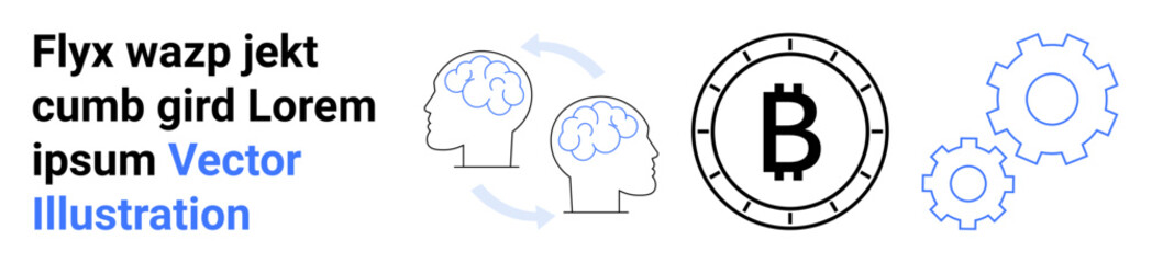 Human heads with brain transfer arrows, large Bitcoin symbol within a circle, and interconnected gears. Ideal for cryptocurrency, knowledge transfer, blockchain, technology, artificial intelligence