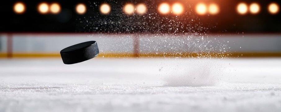 3D Goalies perspective view of an incoming hockey puck flying toward the goal, with the net and bright stadium lights visible in the background, high action cinematic shot