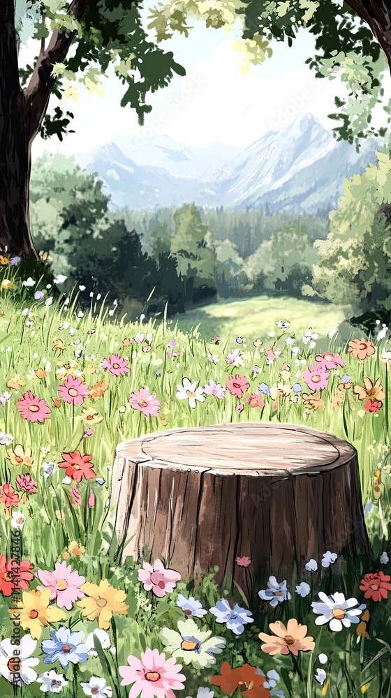 Poster a tree stump sits in a field of wildflowers with a mountain range in the background.