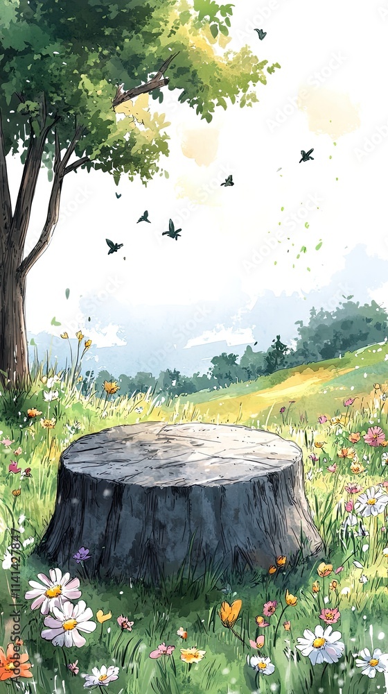 Poster a tree stump sits in a field of wildflowers with a tree in the background and birds flying in the sk