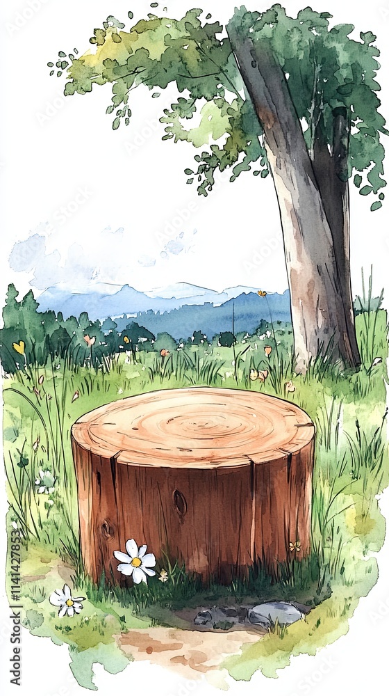 Aufkleber a tree stump sits in a field with wildflowers and a large tree in the background.