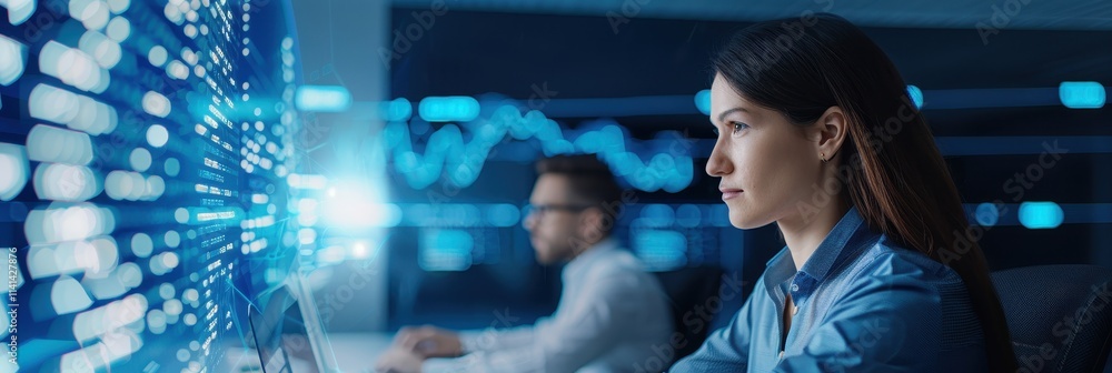 Poster a focused professional analyzes data on a computer, showcasing a high-tech environment with digital 