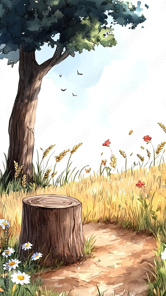 Poster a tree stump sits on a path through a field of tall grass and flowers.