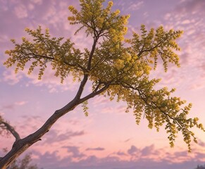 Fototapeta premium The yellow blooms of an Acacia tree against a soft pink sky, wildflowers, flowers, sunny
