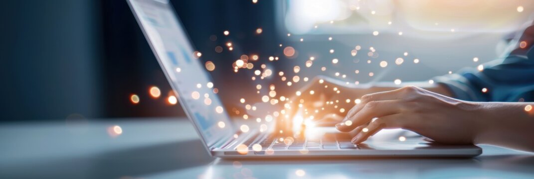 A person types on a laptop, with glowing sparks emanating from the keyboard, symbolizing creativity and productivity in a digital environment.