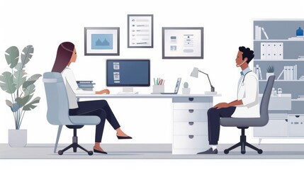 Woman and doctor sitting at desk in office with plant. AI generative.