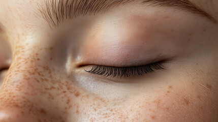 Close-up portrait of a person with eyes closed, showcasing detailed, thick, and beautifully curled eyelashes, smooth skin texture, and natural lighting. The image focuses on serene facial features and