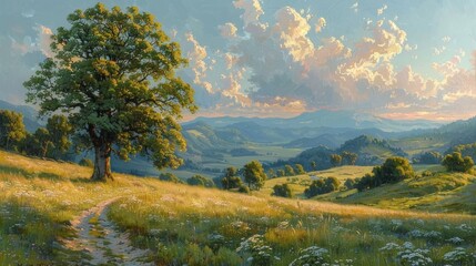 A winding path through a lush green field with a large tree in the foreground and distant mountains. AI generative.