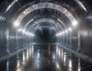 Tunnel of light with shimmering, silver mist and crystal-like structures , optical illusions, holographic landscape