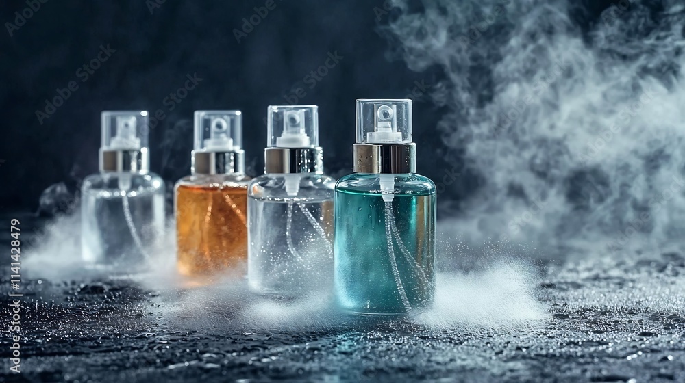 Poster visually appealing image showcasing setting spray bottles displayed with a delicate water mist effec