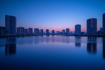 Fototapeta premium City skyline reflecting in calm water at dusk. AI generative.