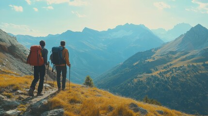 Fototapeta premium Two Hikers Admiring the Majestic Mountain Range
