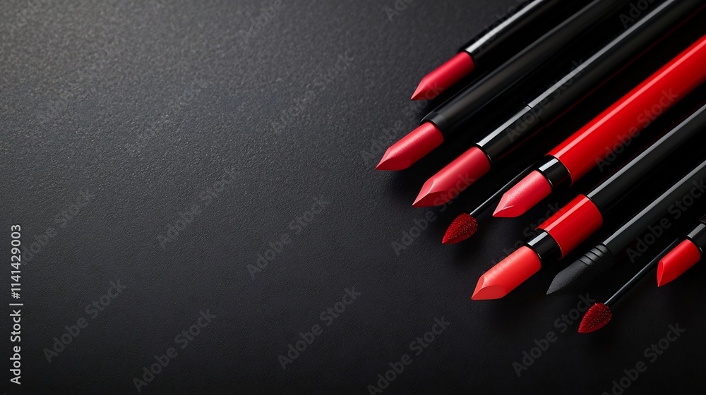 Poster visually balanced and diagonally arranged composition of sharpened lip liners in a colorful and vibr