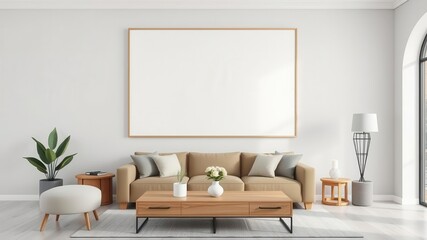 A clean and minimalist wall art mockup featuring a stylish living room setup, cozy, modern