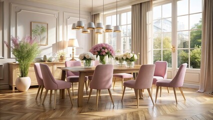 Elegant Pastel Pink Chairs Surrounding an Oak Table in a Tastefully Lit Corner for Stylish Interiors