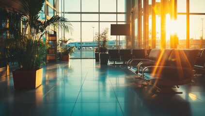 Airport Waiting Area with Sunbeams Streaming Through Windows