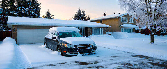 Snow-covered car and houses in a suburban neighborhood during winter twilight