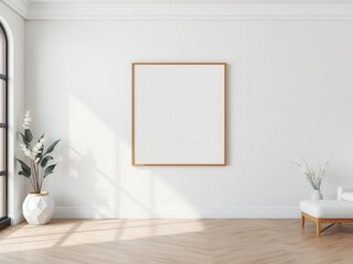 A mockup of a modern wall art print with a preview of how it would look in a room setting, style, empty wall