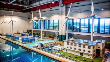 Fototapeta premium A model of a coastal city with wind turbines and a blue pool.