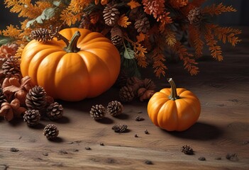 Warm autumnal ambiance with pumpkin and pinecones, warm lighting, autumn decoration