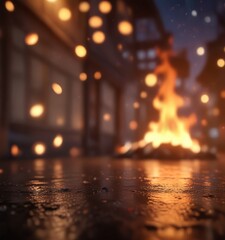 Naklejka premium Warm flames dancing on a night of blurred surroundings, with a blurred bokeh background, firewood, bokeh, burning