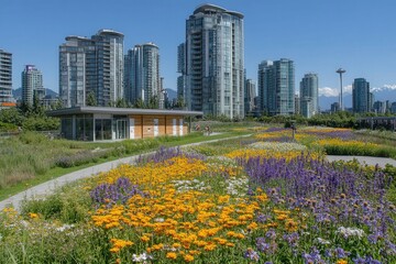 Fototapeta premium Vibrant Urban Park with Colorful Flower Beds