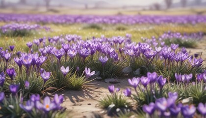 Obraz premium Watercolor painting of a field of crocuses swaying in the wind , paint, field, swaying