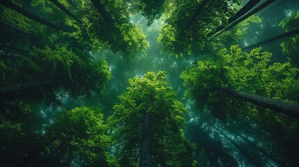 Looking up through a dense forest canopy, sunlight filtering through leaves. AI generative.