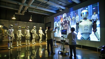 Two People Standing in Front of a Large Screen Displaying Robot Figures