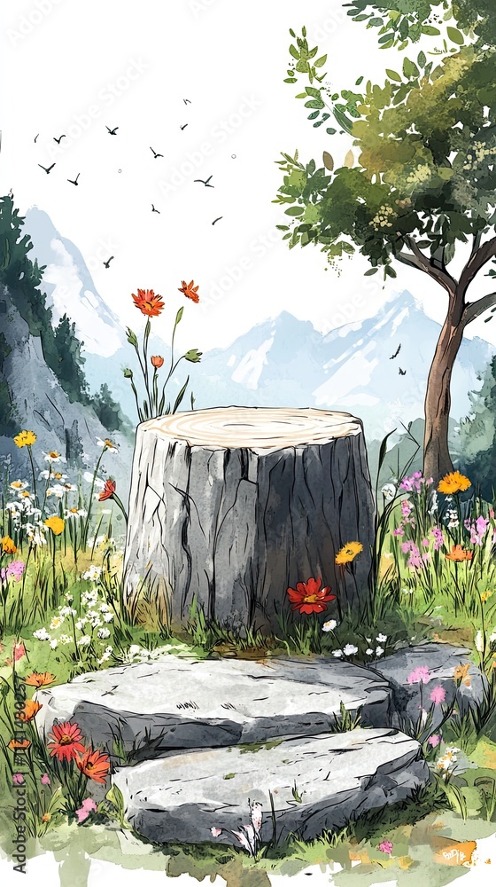 Poster a weathered tree stump sits in a field of wildflowers with a mountain range in the background.