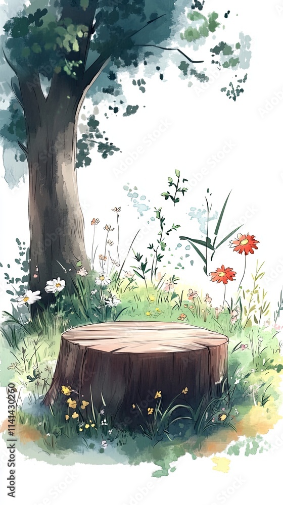 Poster a weathered tree stump sits in a field of wildflowers with a large tree in the background.