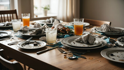 Plates and glasses scattered across a messy dining table after a gathering, showcasing remnants of a joyful meal