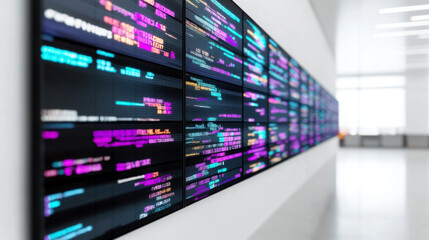 Fototapeta premium Futuristic display of colorful coding on digital screens.