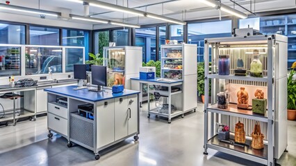 Modern Laboratory Interior with Glass Cabinets and Workstations