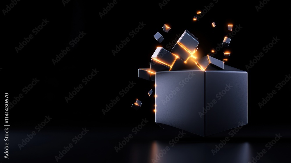 Poster a glowing cube with floating fragments in a dark environment.