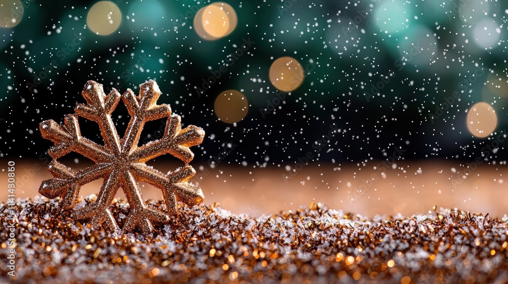 Poster golden snowflake shimmering in falling snow with glittering background