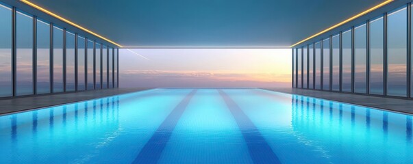 Fototapeta premium View of a clean, modern indoor swimming pool stadium with glass walls and natural light streaming in, symbolizing clarity, elegance, and a premium sports environment