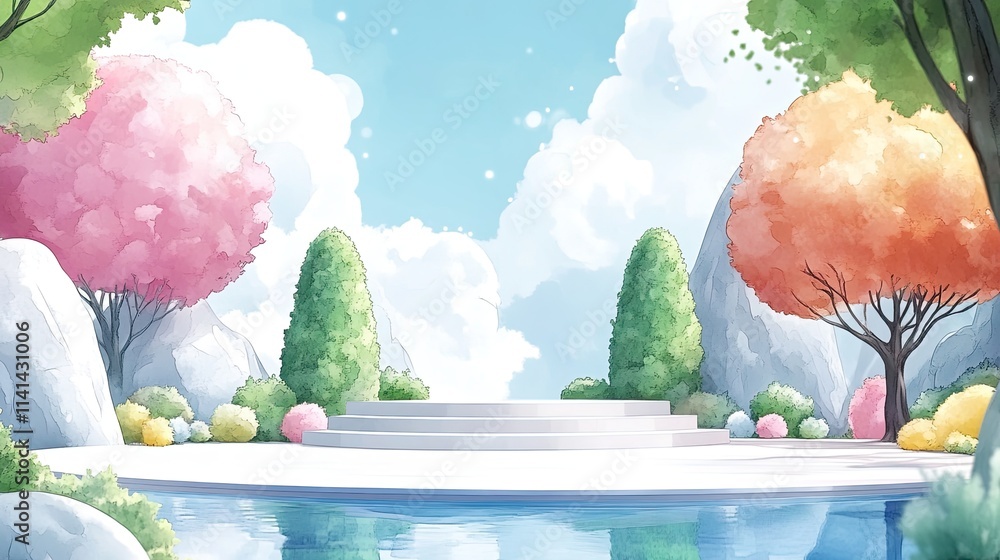 Poster a white platform sits in front of a pool of water, surrounded by trees and rocks.
