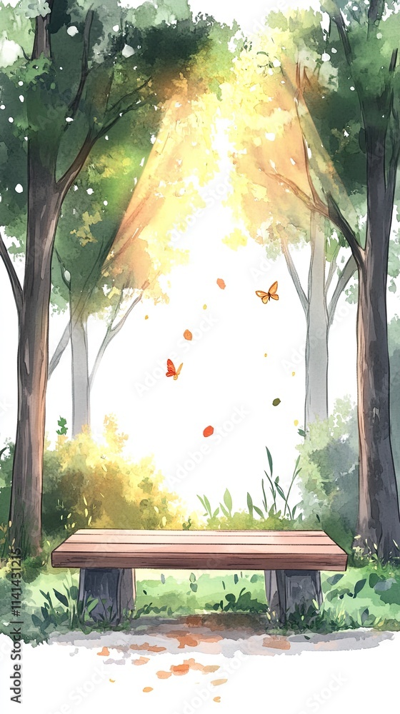 Poster a wooden bench sits beneath a canopy of trees, sunlight streaming through the leaves and illuminatin