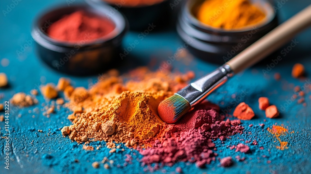 Poster a visually balanced image showcasing the captivating interplay of shimmering loose pigment powders s
