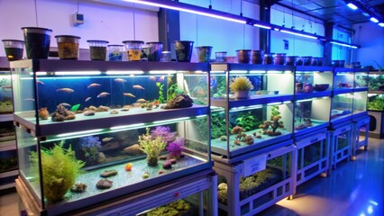 A Row of Illuminated Fish Tanks with Colorful Fish and Coral