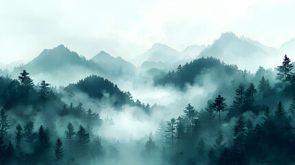 Misty Mountains, Verdant Forest, Serene Landscape, Enchanting Views, Tranquil Scene