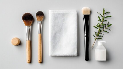 Minimal and elegant arrangement of a makeup brush cleaner placed beside professional makeup brushes showcasing a clean and organized vanity setup for beauty and cosmetics