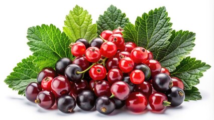Fresh Black and Red Currants with Leaves Isolated on White Background - Vibrant Berries for Culinary and Health Uses, Perfect for Recipes, Smoothies, and Natural Products