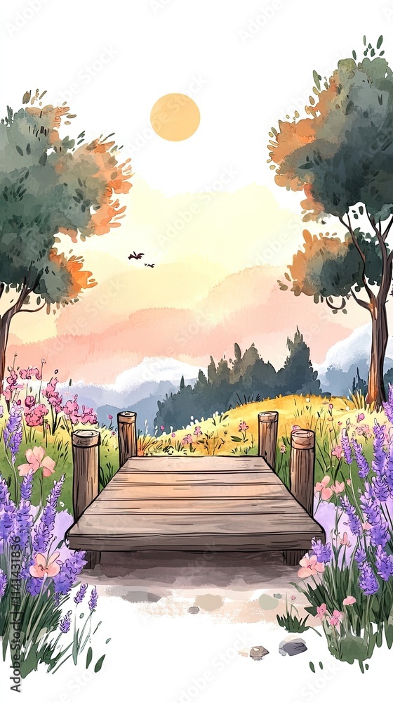 Poster a wooden bridge leading to a meadow with a sun setting behind a mountain range and trees in the dist